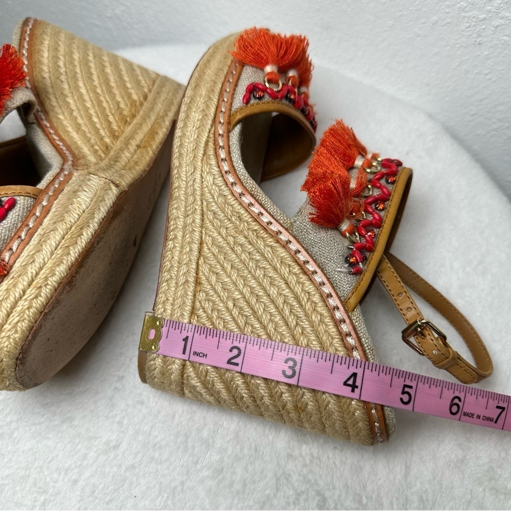 Tory Burch Women's 7M Vibrant Orange and Tan Espadrille Wedges Sandals Boho - Picture 14 of 15